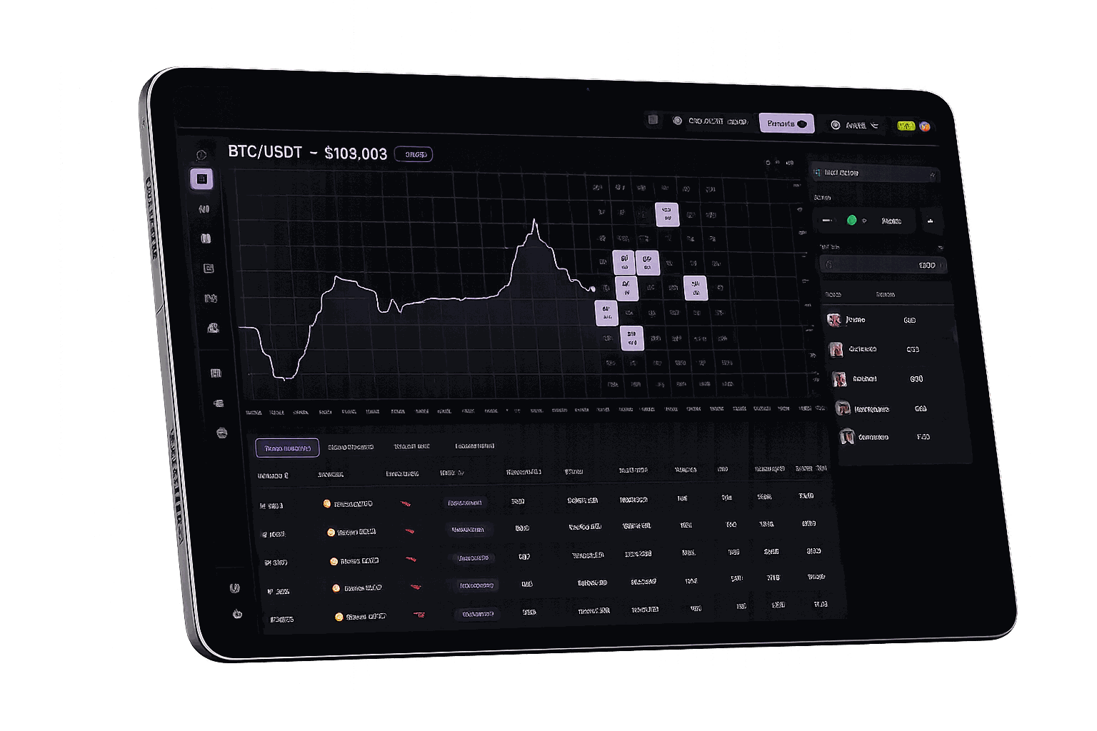 Tap Markets running on a tablet, showing the BTC/USDT chart with tappable price boxes powered by the StableTrade Market Game Feed
