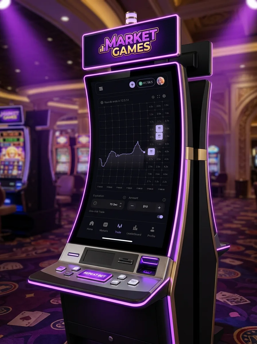 A Market Games branded gaming cabinet on a casino floor, showing the live Tap Markets chart and price boxes