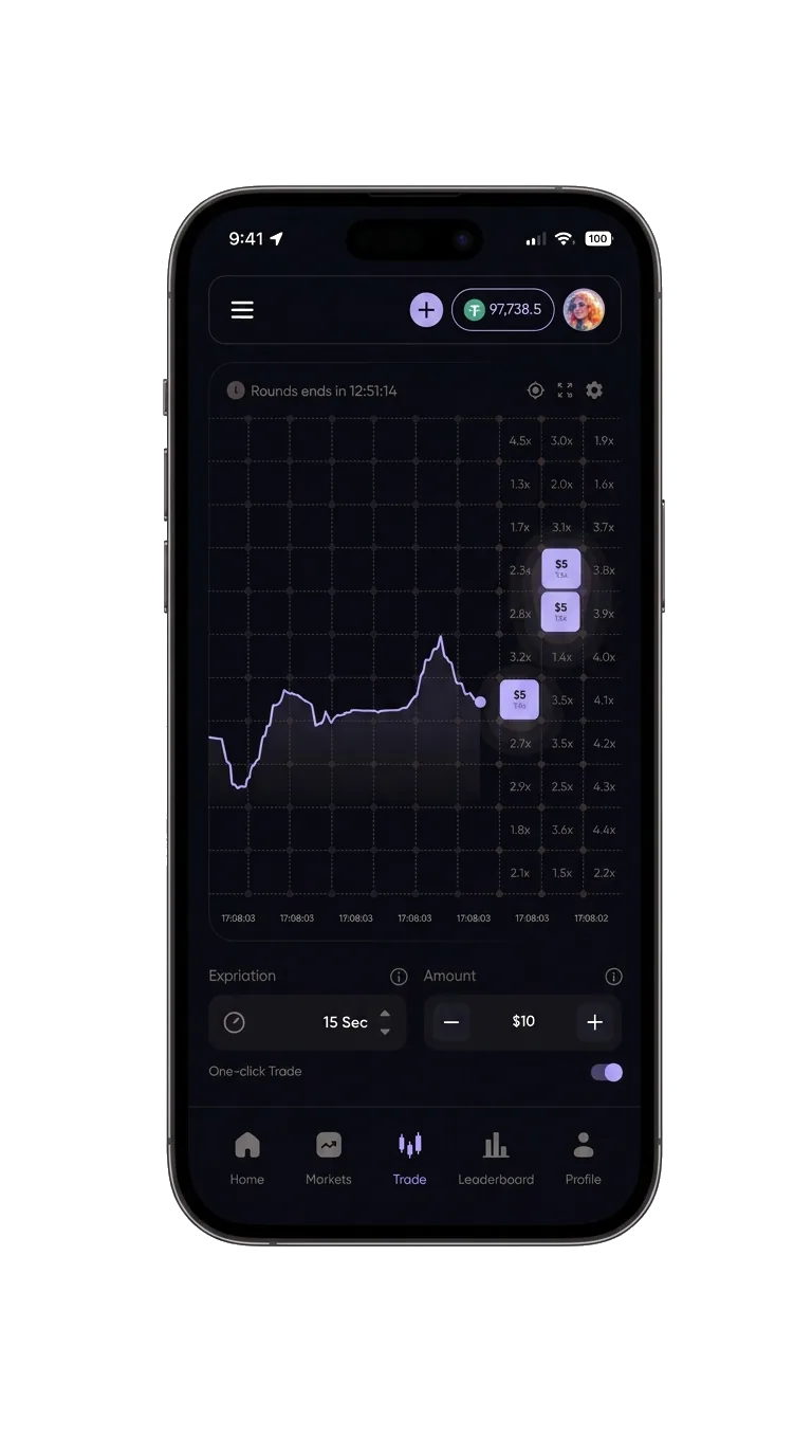 Tap Markets running on a mobile phone, showing the live chart and tappable price boxes