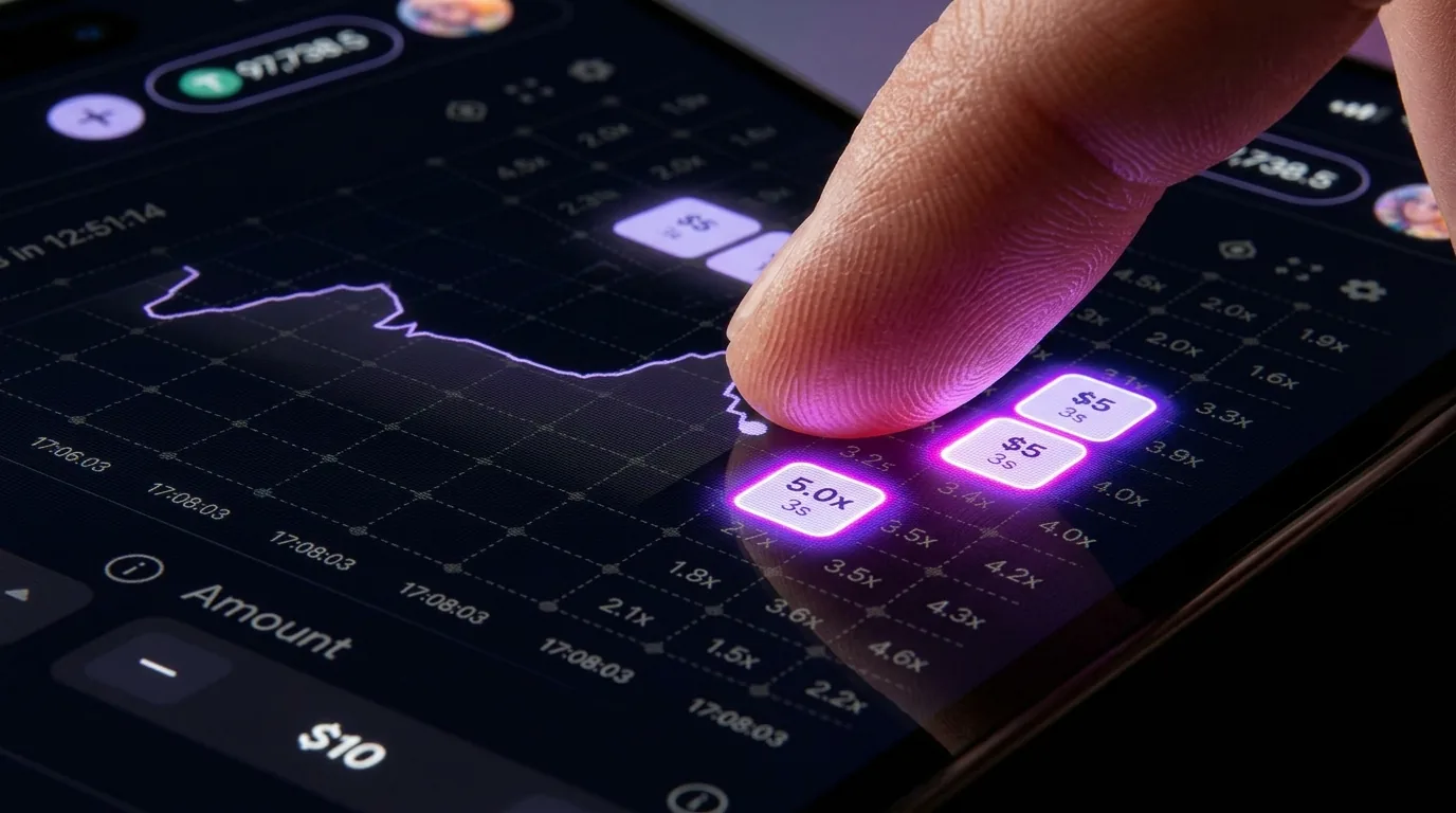 Close-up of a finger tapping a glowing price box on the live TapBTC Game Index chart