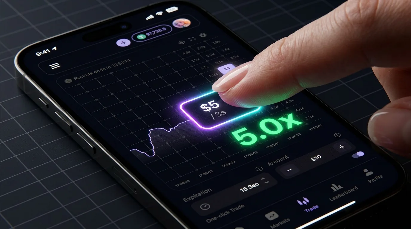 A player tapping a price box in Tap Markets and winning at a 5.0x multiplier on the live chart