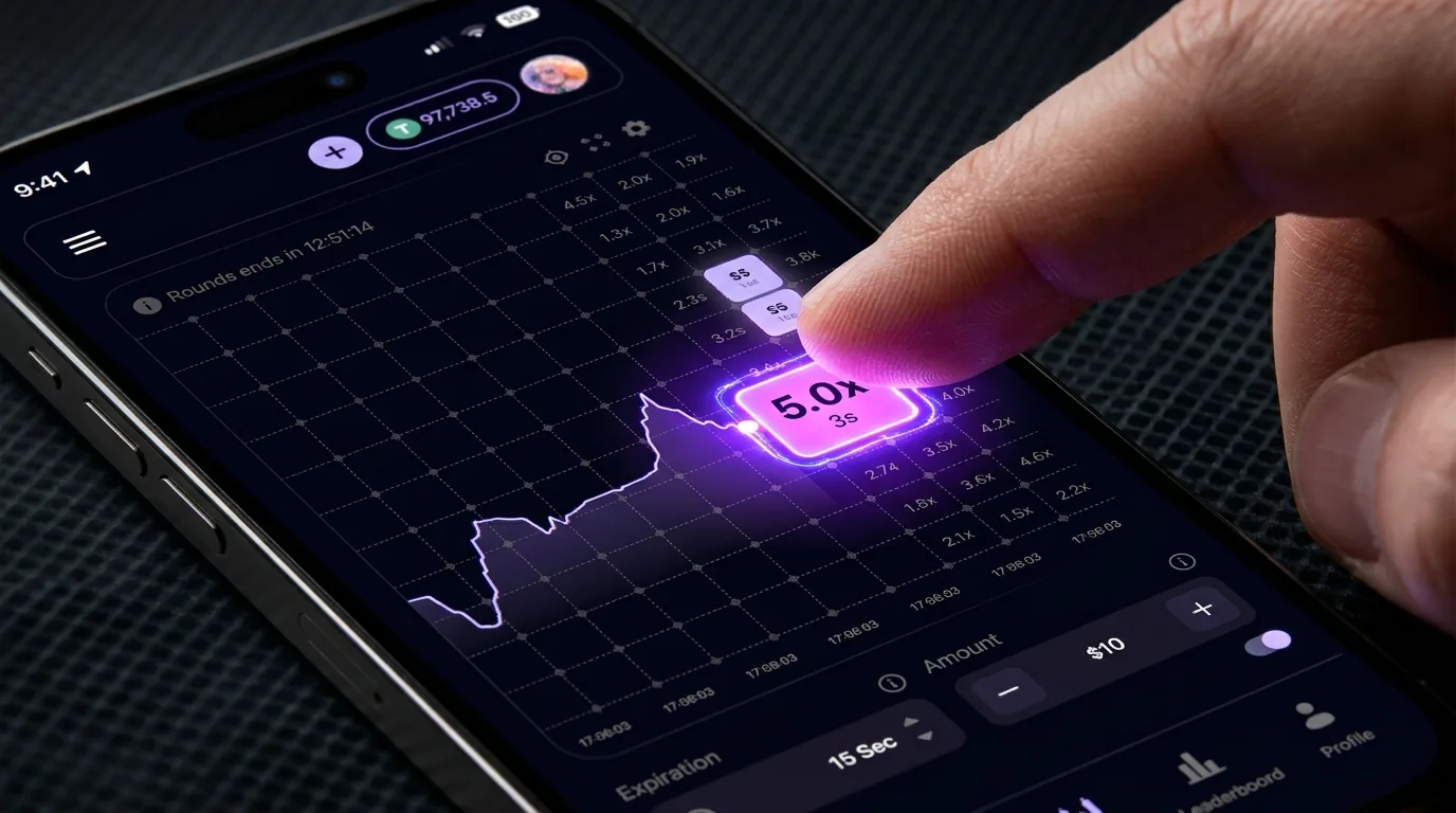 A player tapping a price box on a phone and hitting a 5.0x multiplier in Tap Markets
